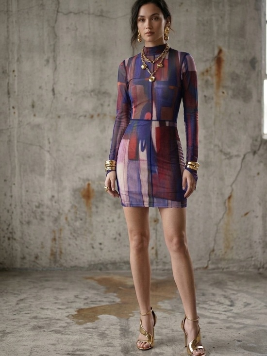 Fashion Nova Dresses & Skirts - Multicolor Abstract Print Long Sleeve Mini shift Dress Extra SMALL